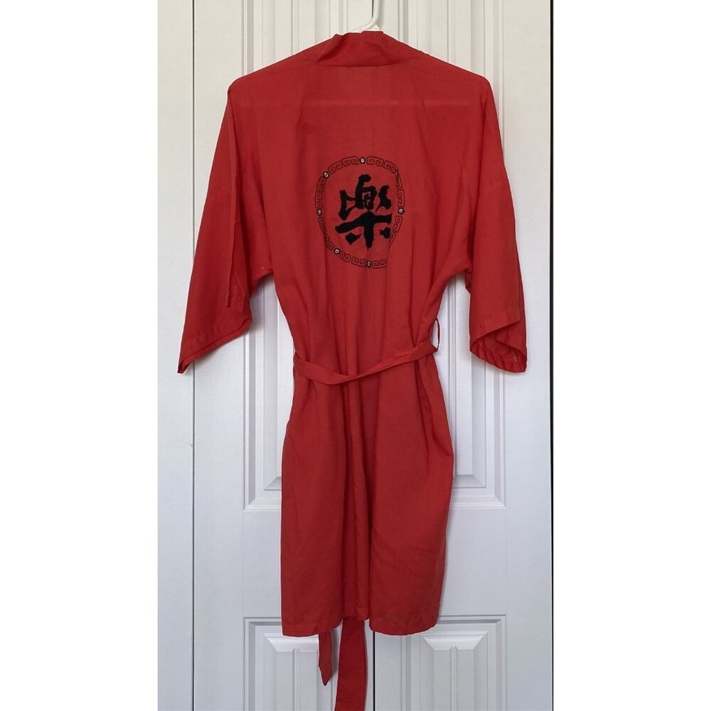 Vintage Mens Bathrobe Health Robe Embroidered Kimono Red with Tie Asian